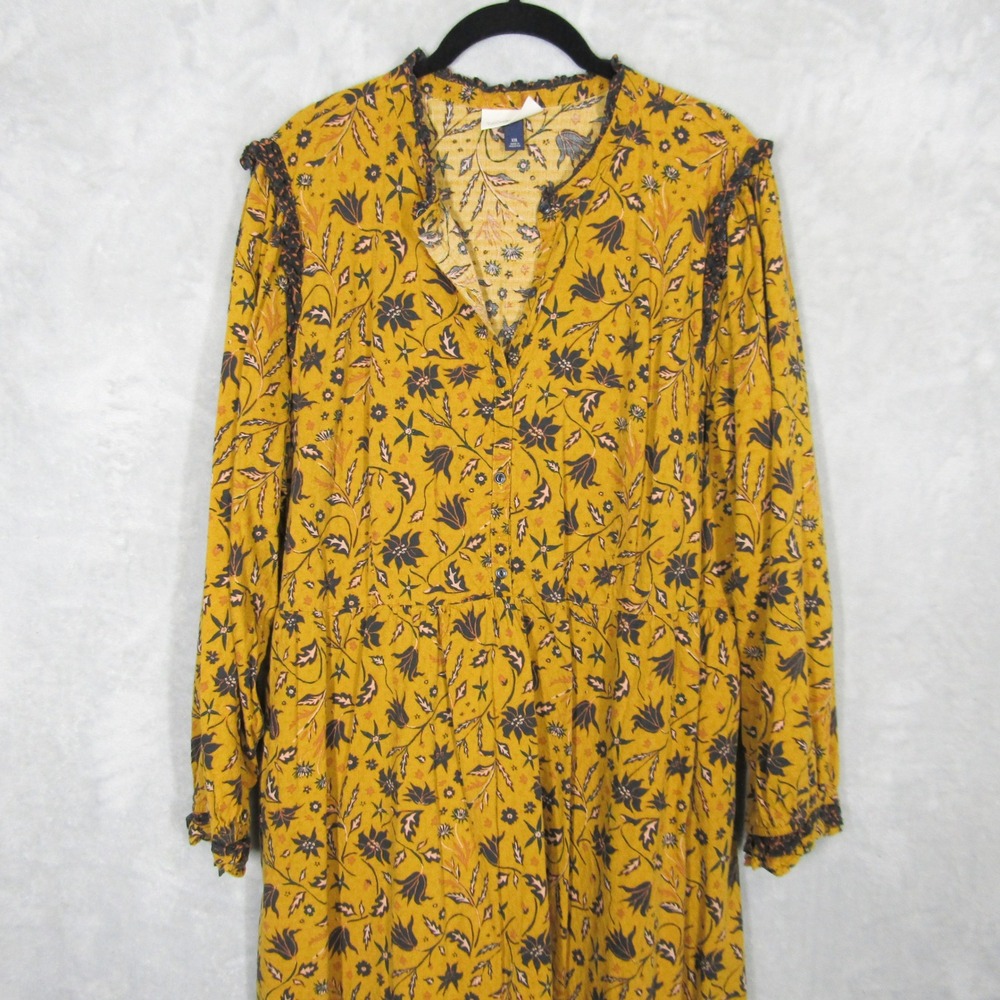 Universal Thread Mustard Yellow Floral Boho Midi Dress XXL Long Sleeve Cotton - Picture 3 of 14